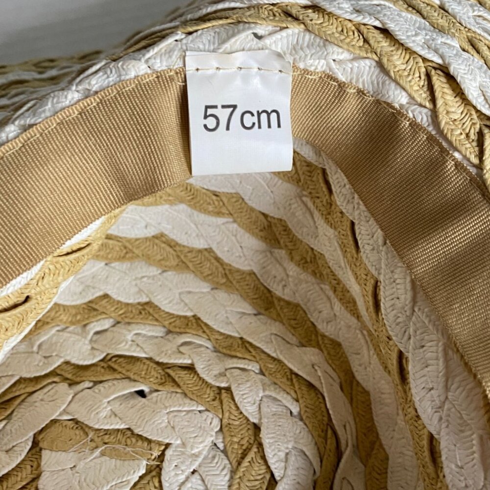 Womens Straw Sun Hat Wide Brim Tan Ivory Woven 57cm ( approx: 22") Beach Summer - Picture 2 of 4